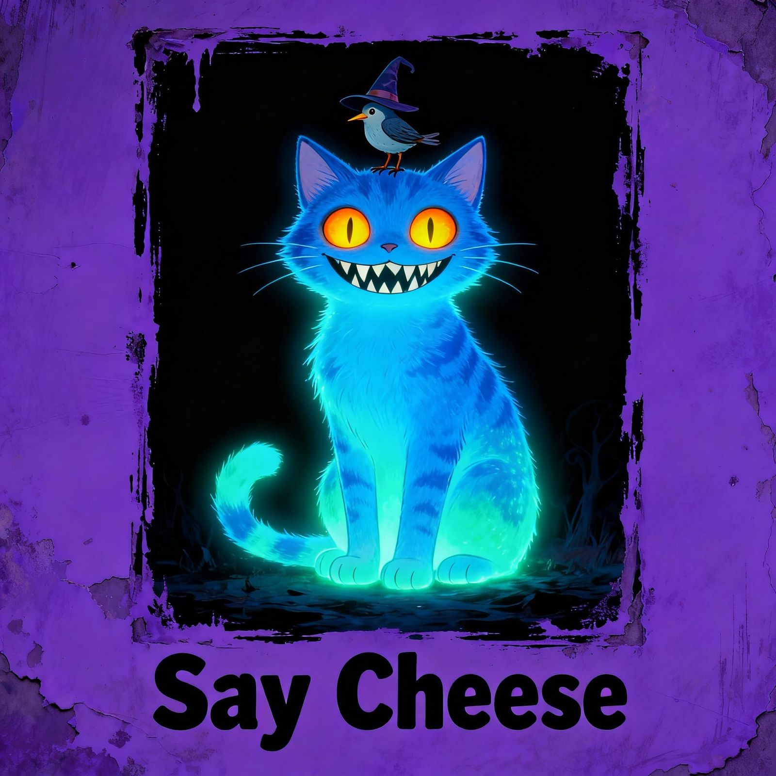 Glowing Blue Cat with Witch Hat Bird, Dark Fantasy Style