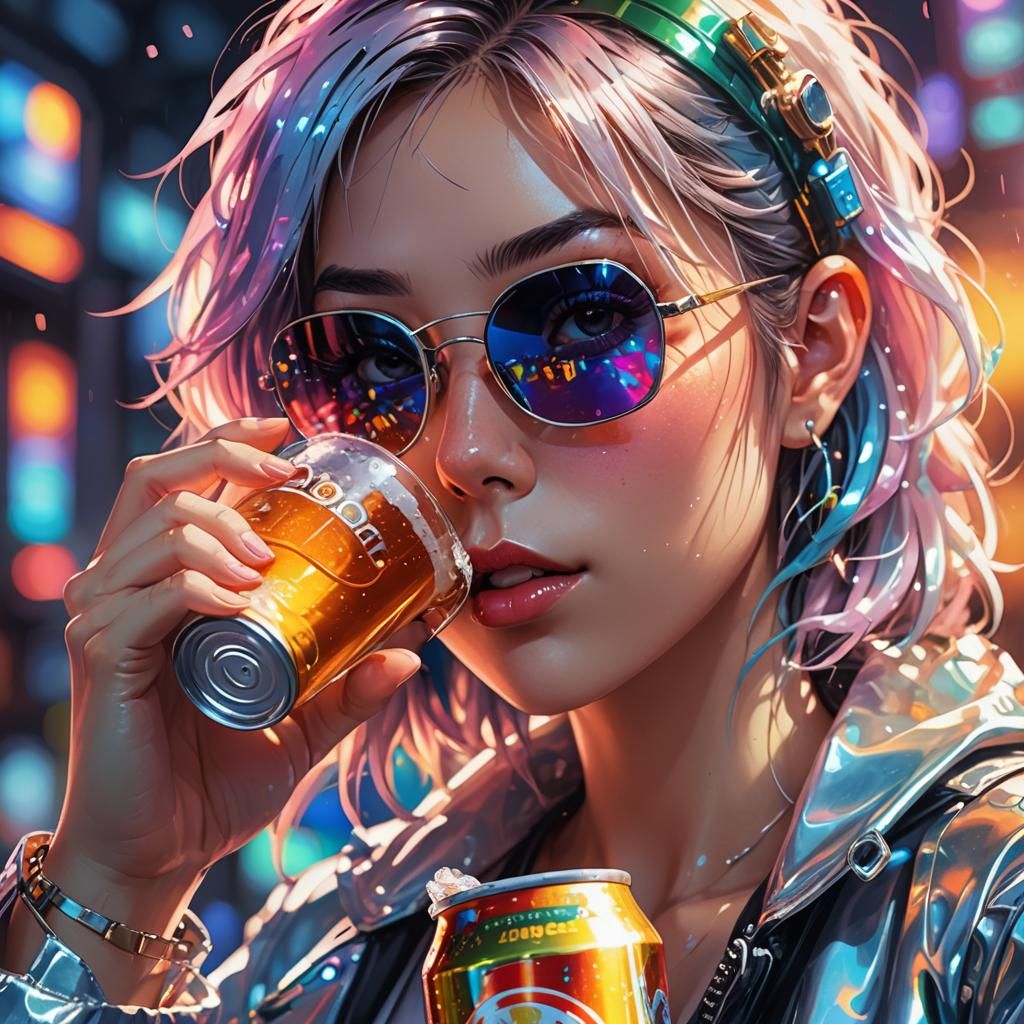 Anime Girl Portrait with Beer in Neon Cyberpunk Style