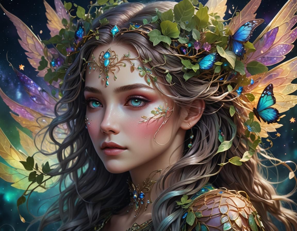 Fantasy Woman with Aurora Wings and Galaxy Eyes