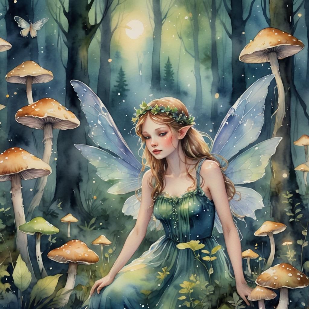 Forest Fairy in Moonlight: Watercolor Masterpiece
