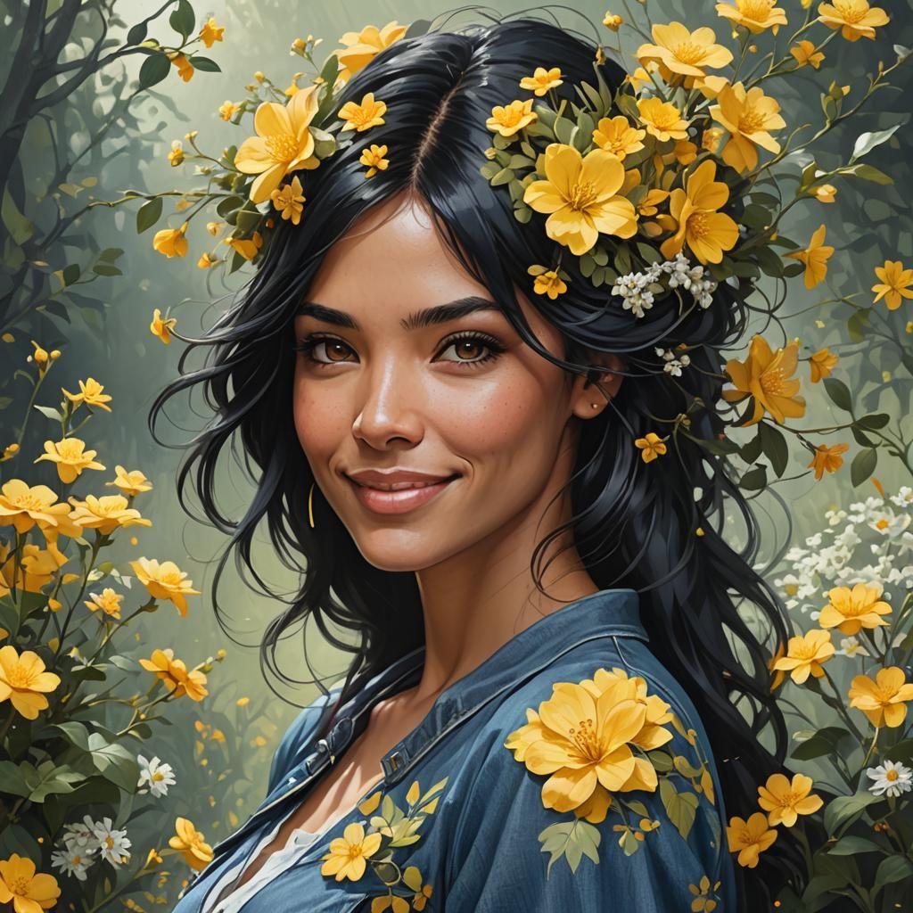 Beautiful Woman Portrait with Flowers in Hyperdetailed Style