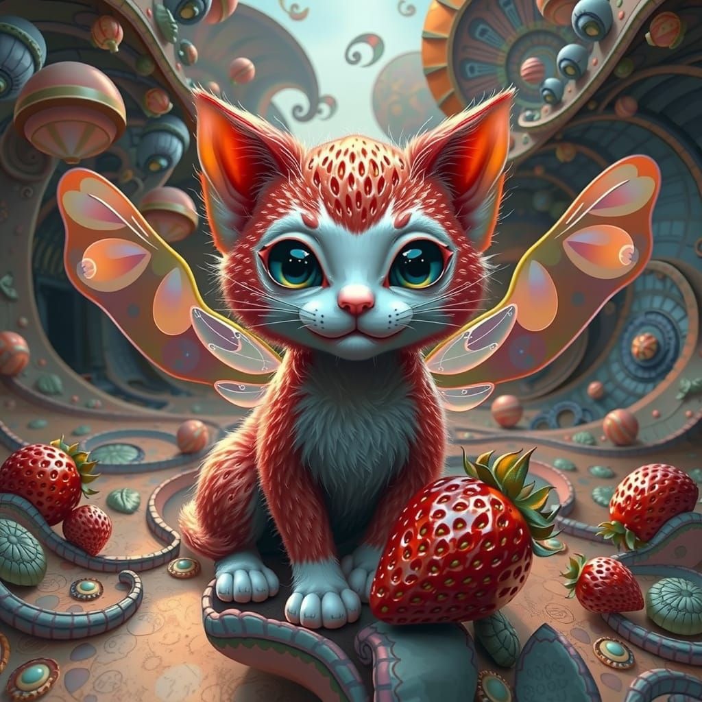 Whimsical Strawberry-Kitten Hybrid in Delicate Realism