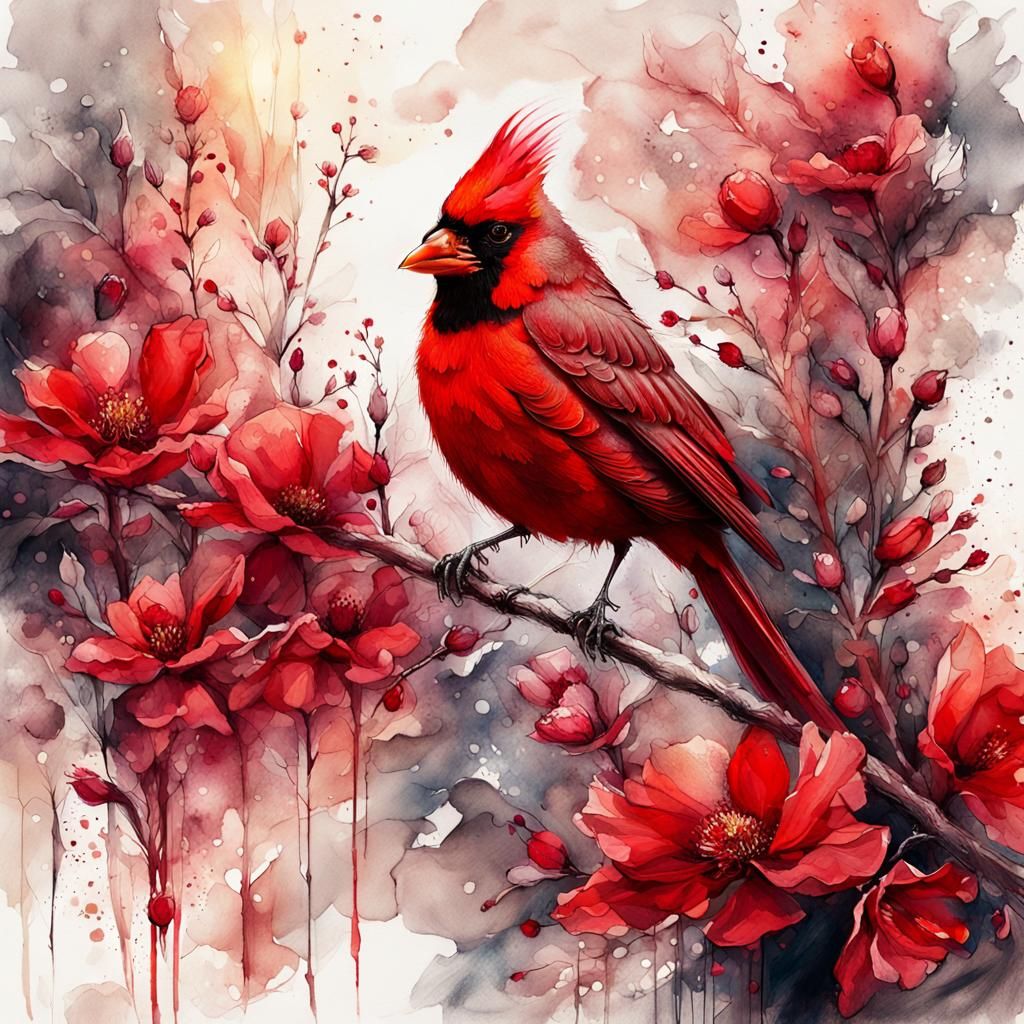Red Cardinal in Whimsical Garden, Surrealist Digital Art
