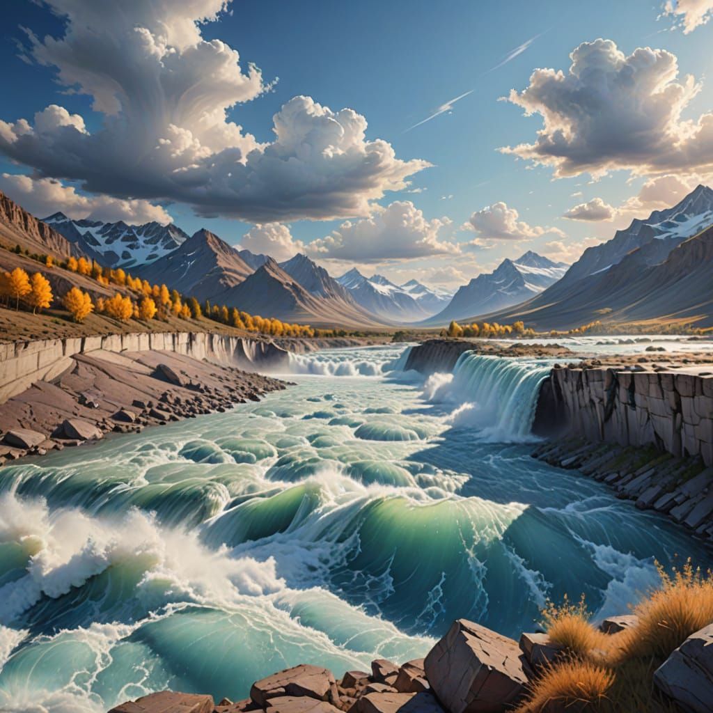 Dramatic Glacier Lake Burst in Vibrant Oil Painting Style