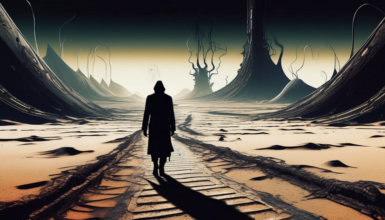 Biomechanical Figure in Surreal Post-Apocalyptic Landscape