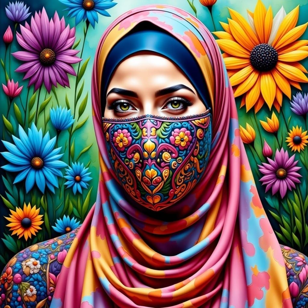 Surreal Hijabi Goddess Radiates Confidence in Vibrant Garden
