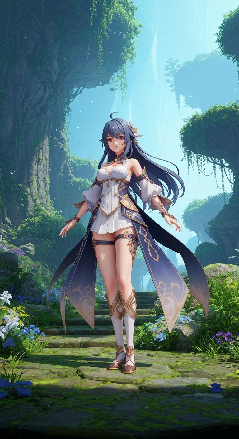 Heroic Woman in Lush Anime Landscape