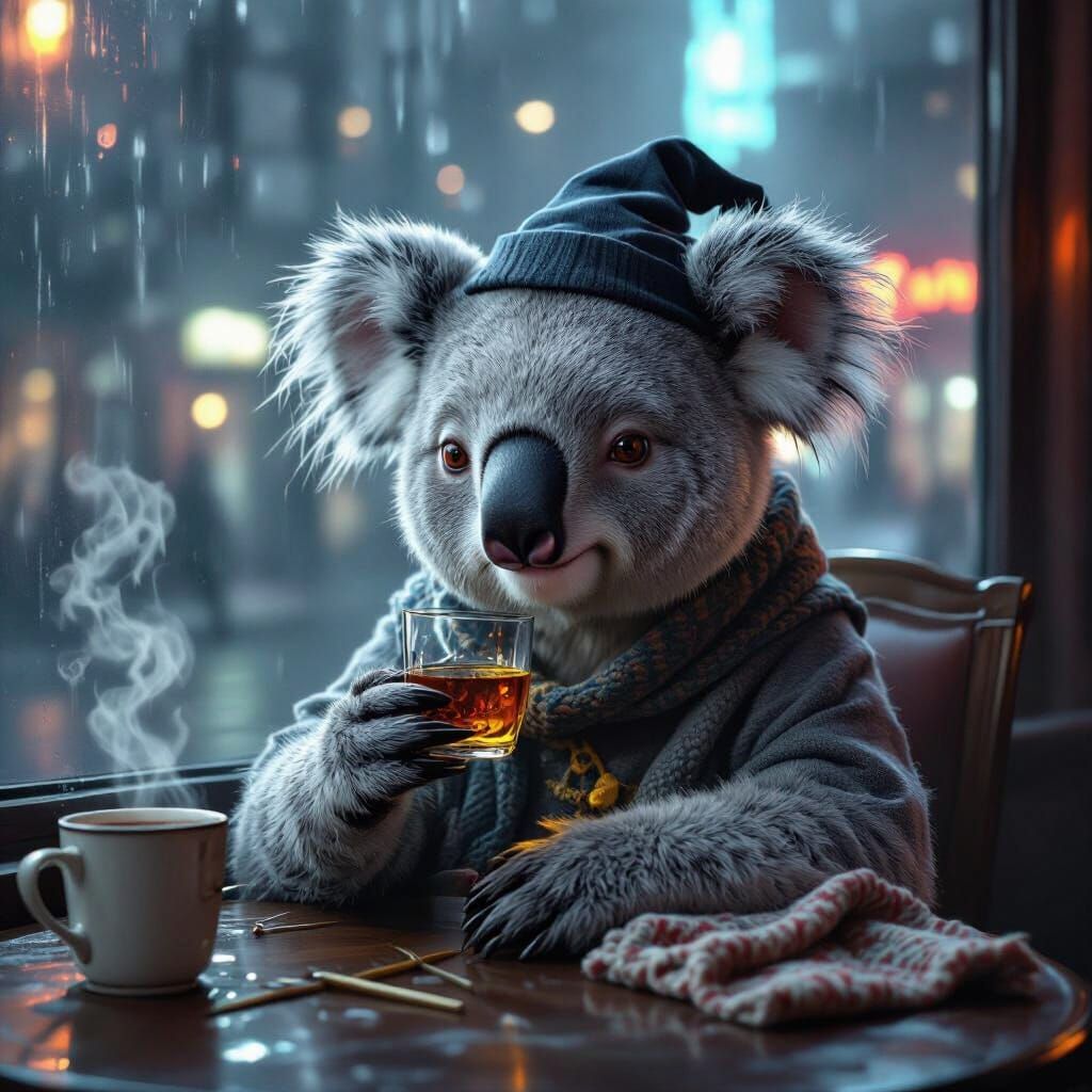 Koala Granny at Foggy Night Cafe, Whimsical Noir Style