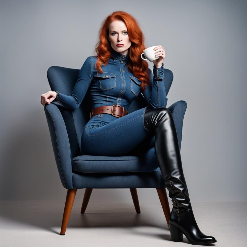 Redhead Woman in Denim Catsuit with Coffee