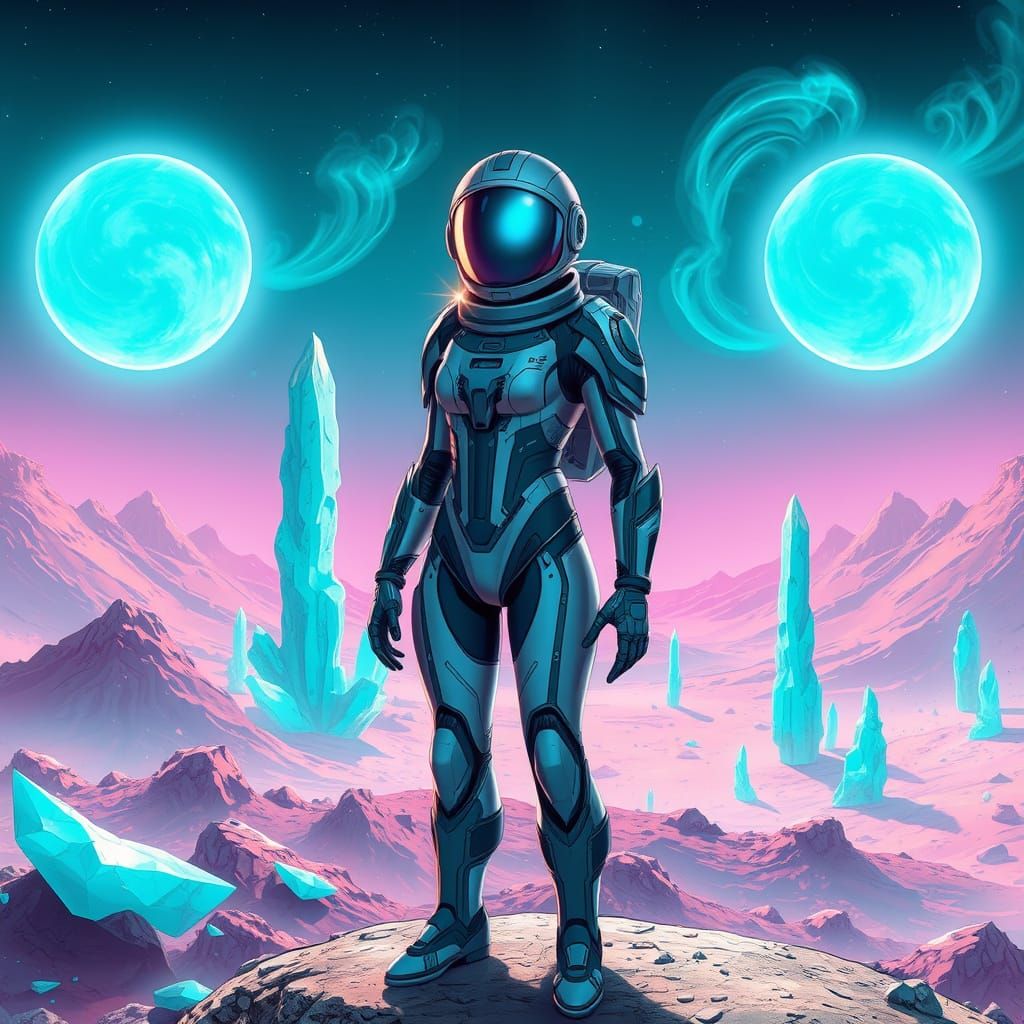 Futuristic Explorer on Alien World with Turquoise Suns