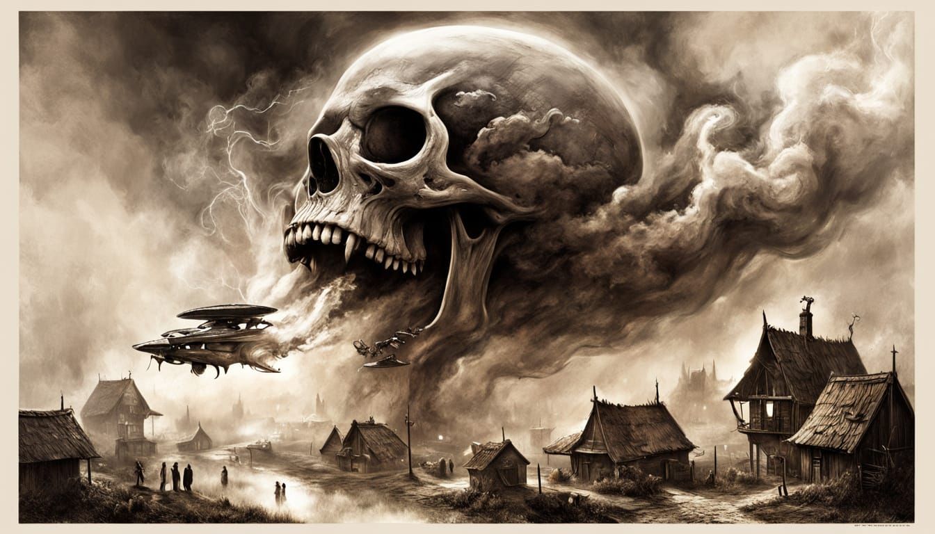 Ominous Alien Invasion Skull in Dark Fantasy Art