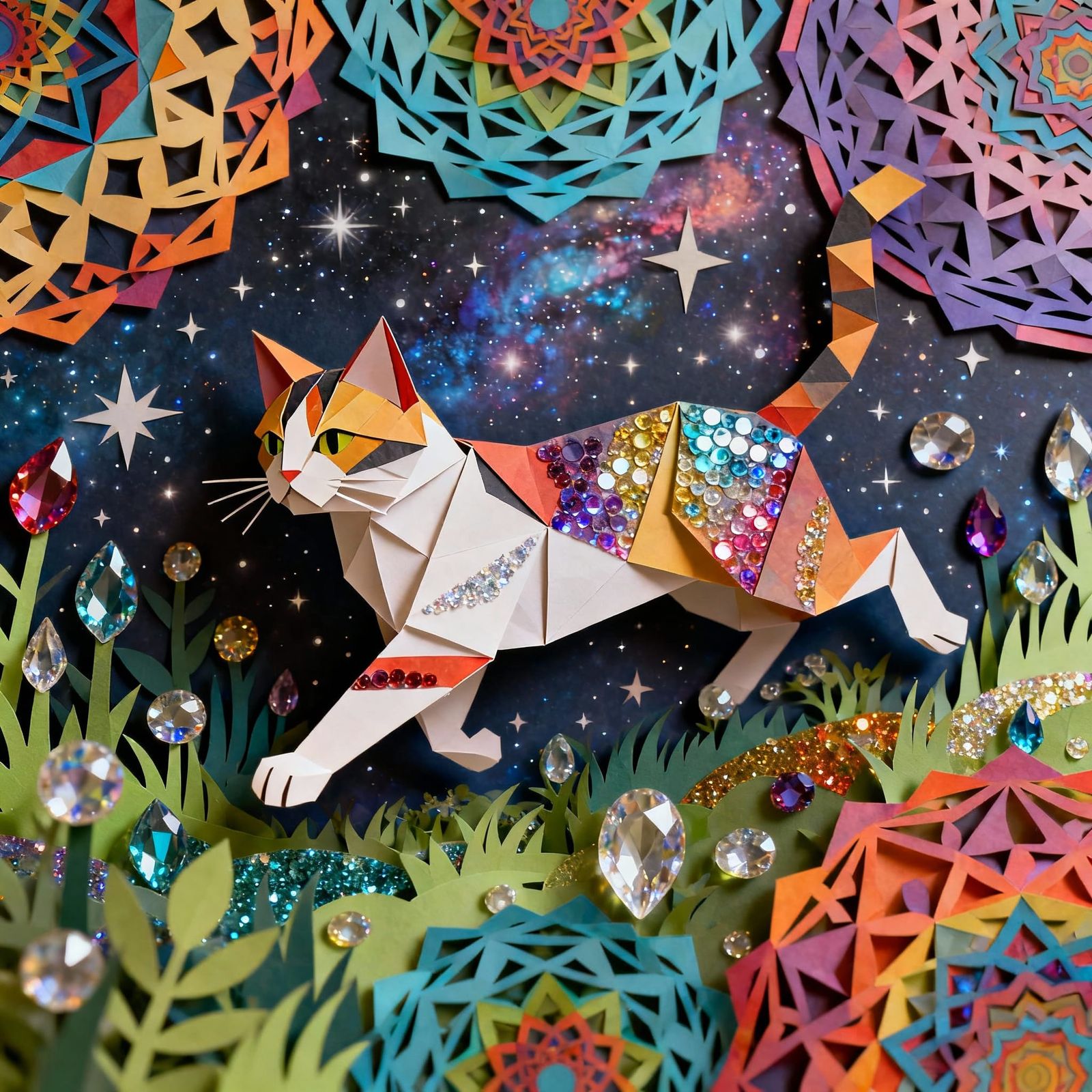 Psychedelic Calico Cat in Galactic Geometric Garden