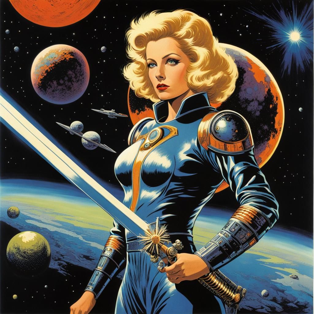 Blonde Space Warrior Illustration in Retrofuturist Sci-Fi St...