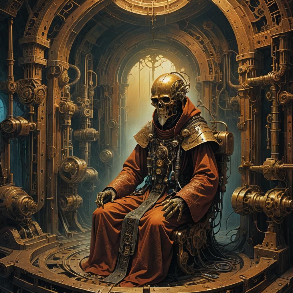 Tech Priest Meditating in Beksiński-Inspired Chamber