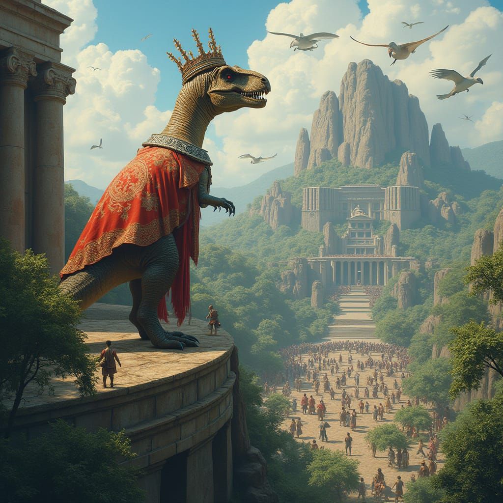 Regally Clad T-Rex Surveys Dinosaur City