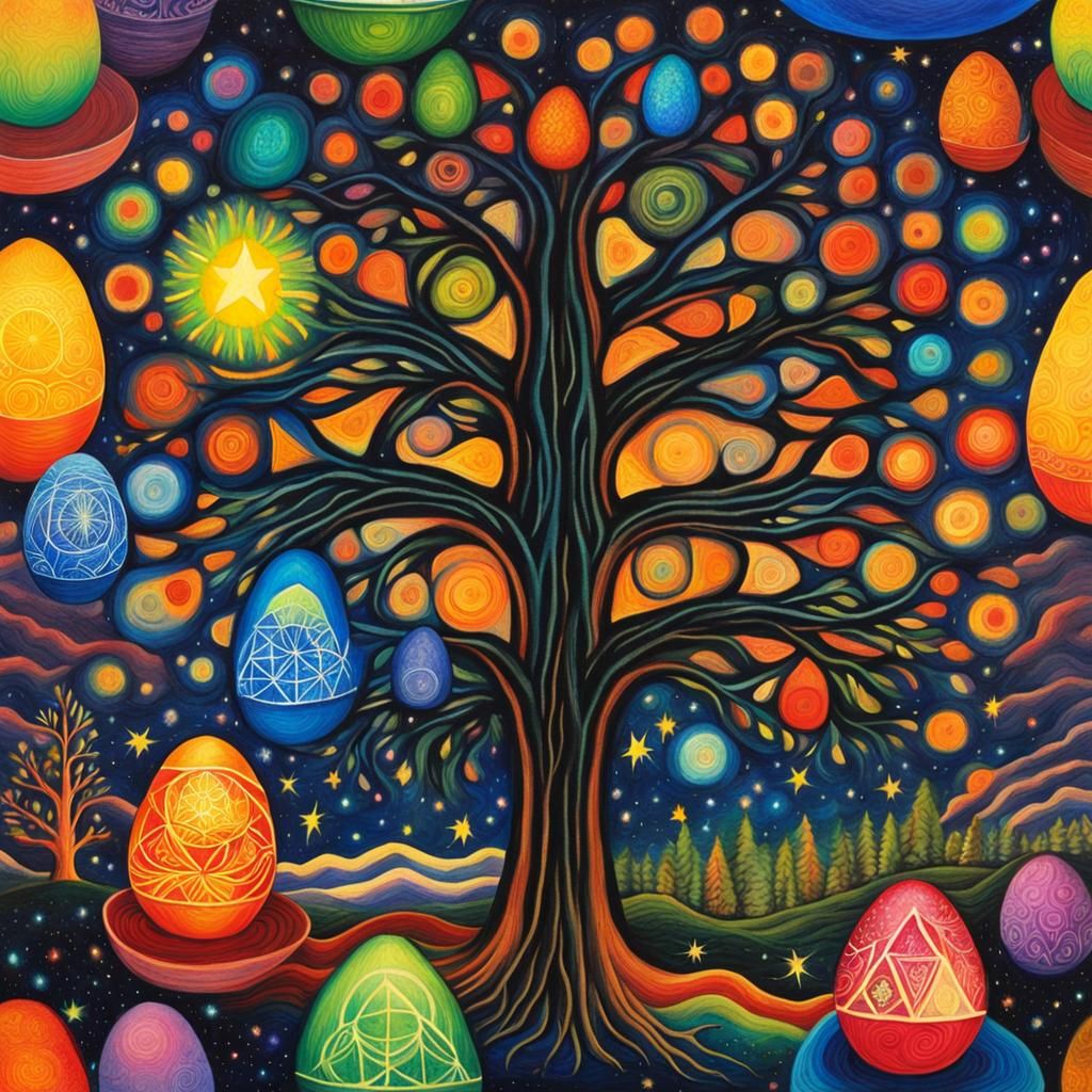 Cascarones Easter Eggs: Tree of Life in Childlike Style