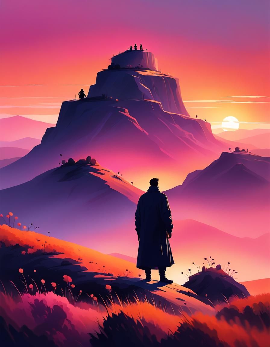 Minimalist Sunset Art: Lone Figure on Hill