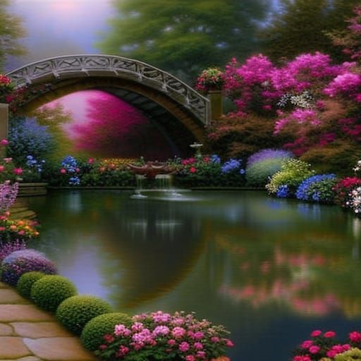 Photorealistic, high definition, lavish rose garden with a stone trellis entryway and a pond in the middle