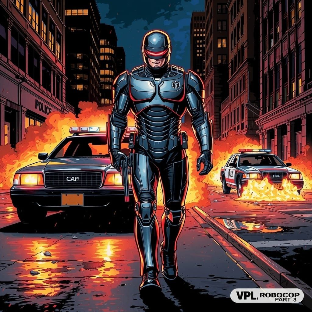 RoboCop Strides Through Neon City Streets