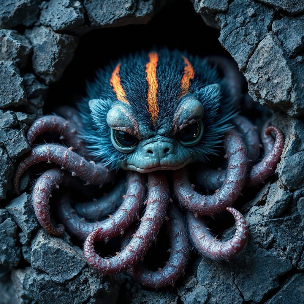 Creepy Cute Neon Furry Creature in Rock Fissure