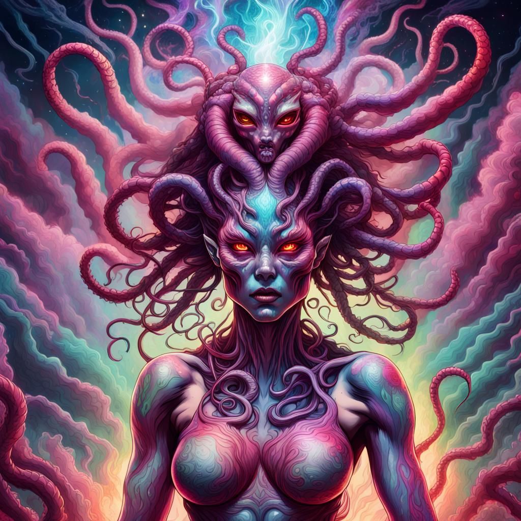 Demonic Alien Woman with Tentacles in Cosmic Illustration