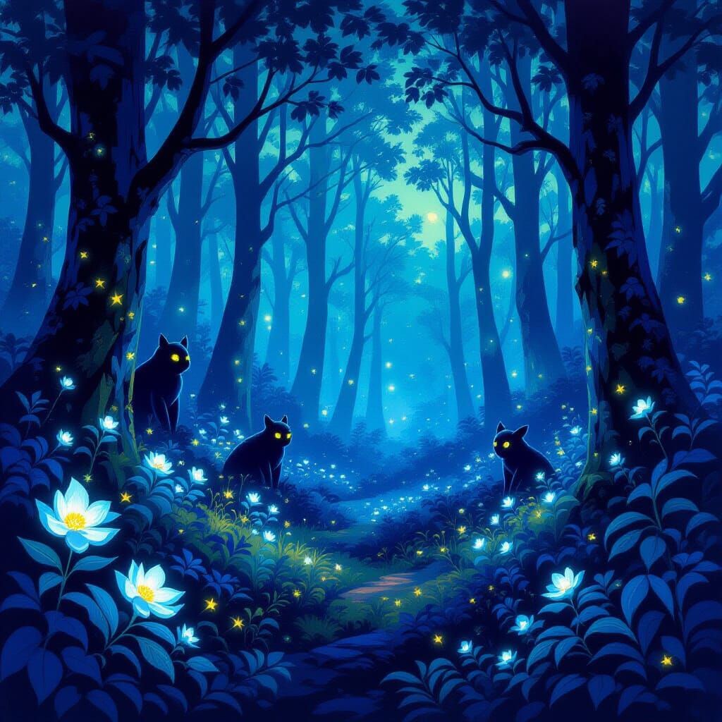 A vibrant, bioluminescent forest at twilight, where the flor...