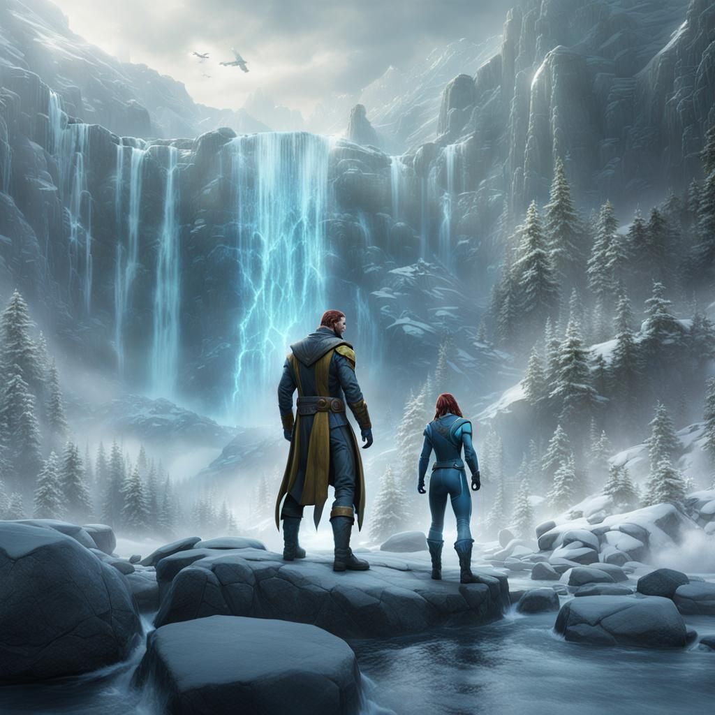 Rogue and Iceman by Waterfall: Fantasy Concept Art