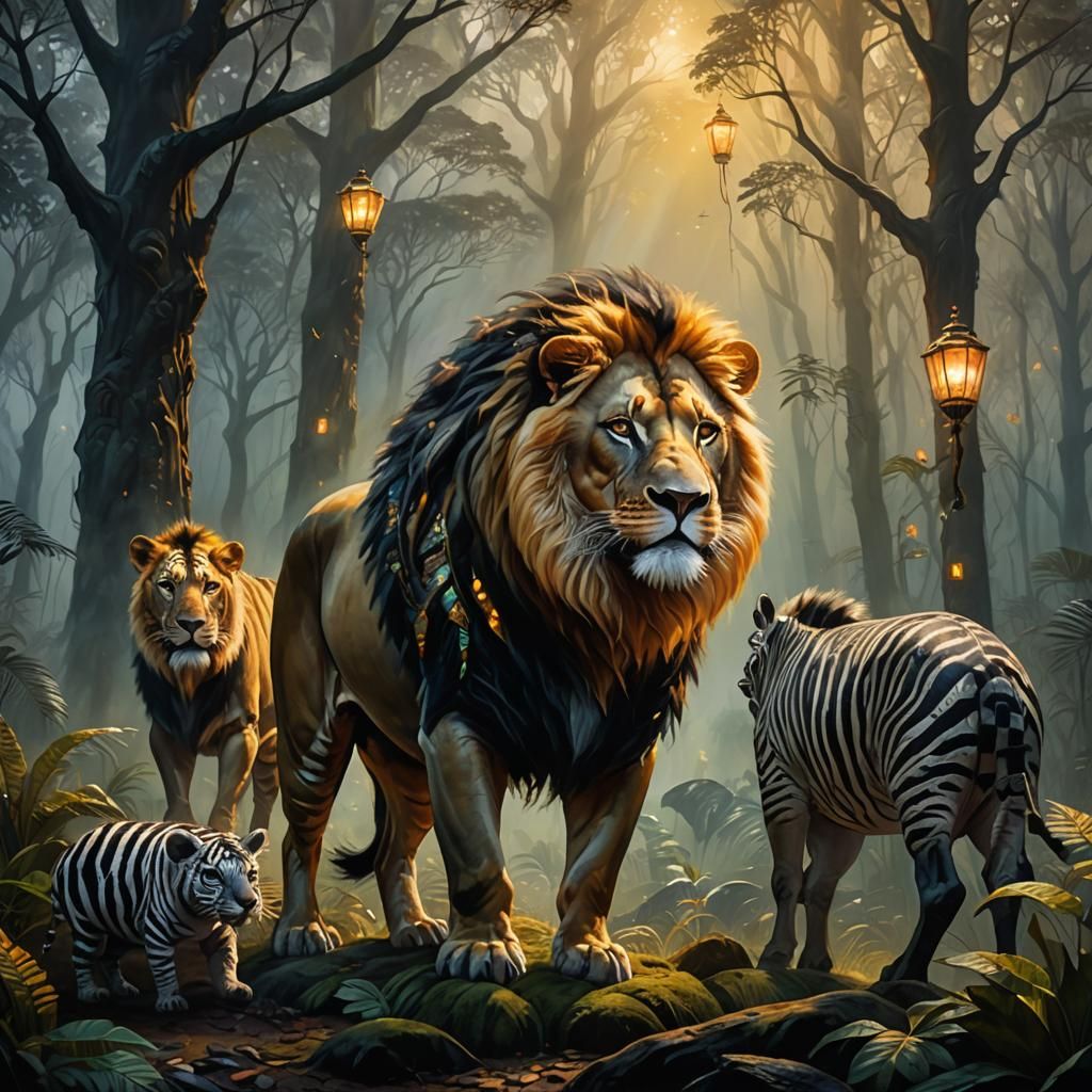 Lion Zebra Pig Crocodile Hybrid in Ancient Forest