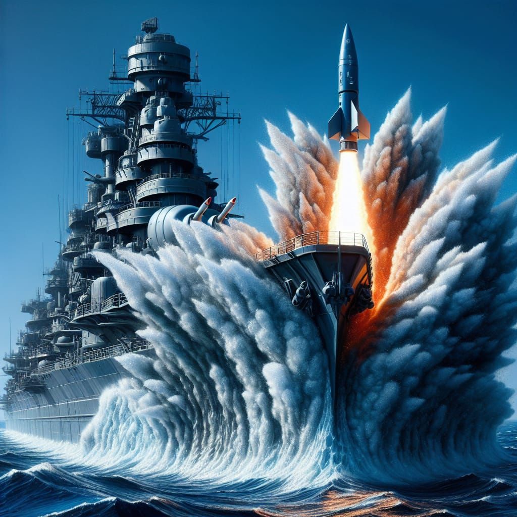 Battleship Launches Missile into Cobalt Sky
