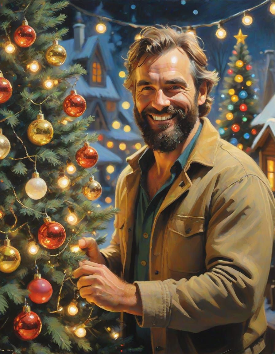 Dashing Gentleman Adorns Christmas Tree with Artistic Flair