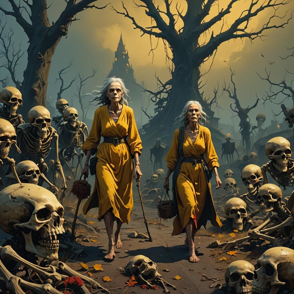 Fantasy Witch Walking on Skeletons in Matte Painting Style