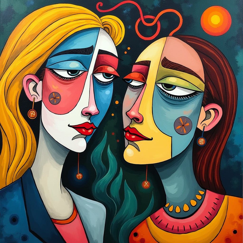 A vibrant and playful cubist-style artwork featuring two abs...