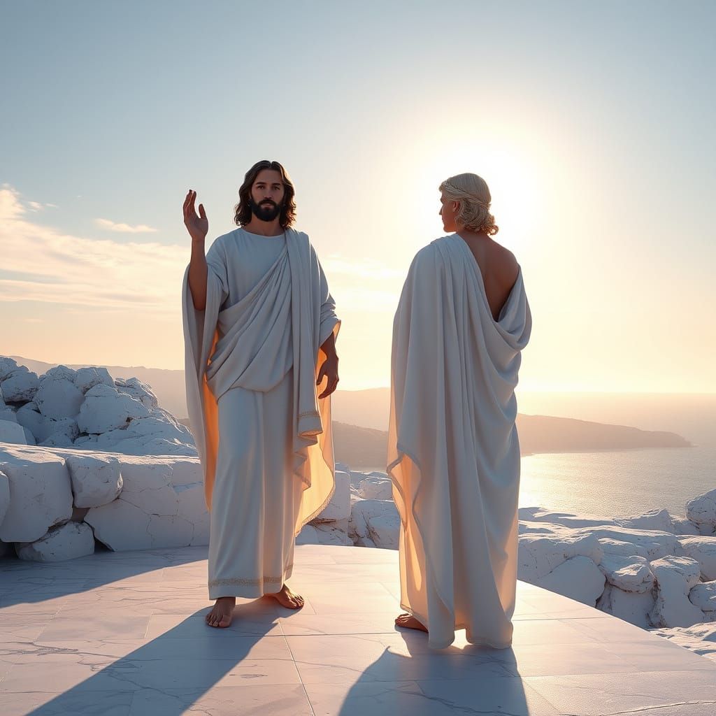 Divine Encounter on Delos Island in Ethereal Light