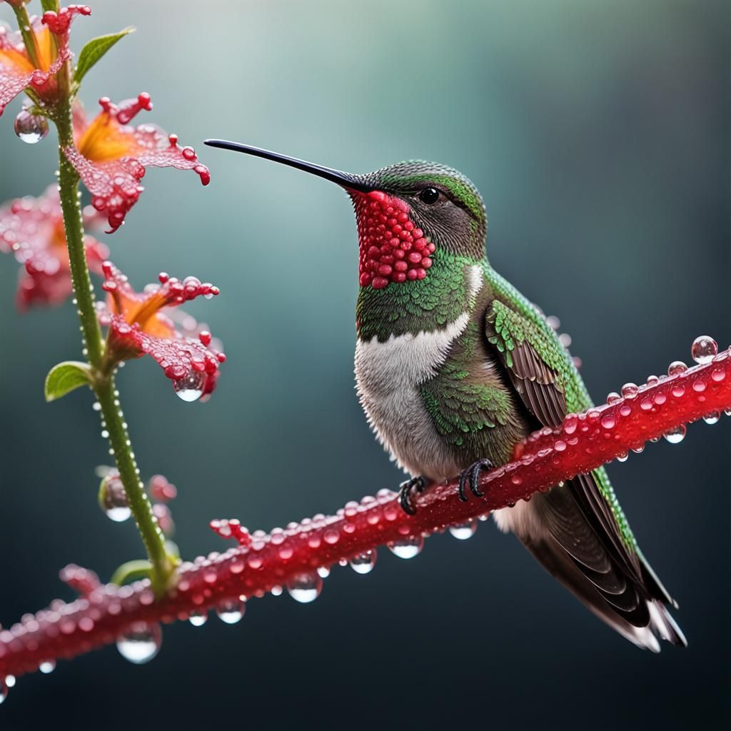 Hummingbird Drinking Dew: Photorealistic Mixed Media Photogr...
