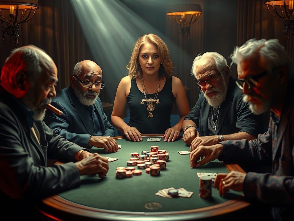 Madonna Observes Men Playing Poker in Smoky Room