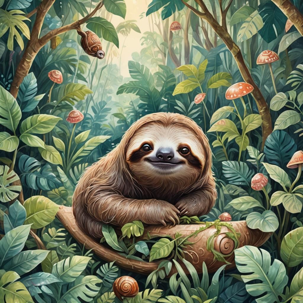 Sloth-Pulled Chariot Navigates Lush Jungle: Watercolor Illus...