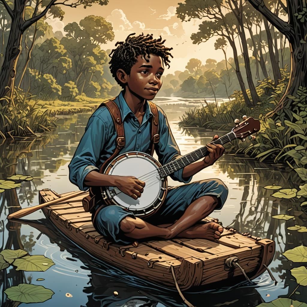 Boy Plays Banjo on River Raft: Comic Book Art