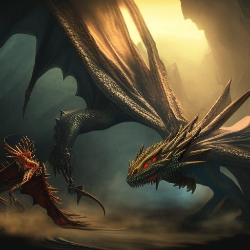 Roman Assassin Versus Dragon in Dark Cave