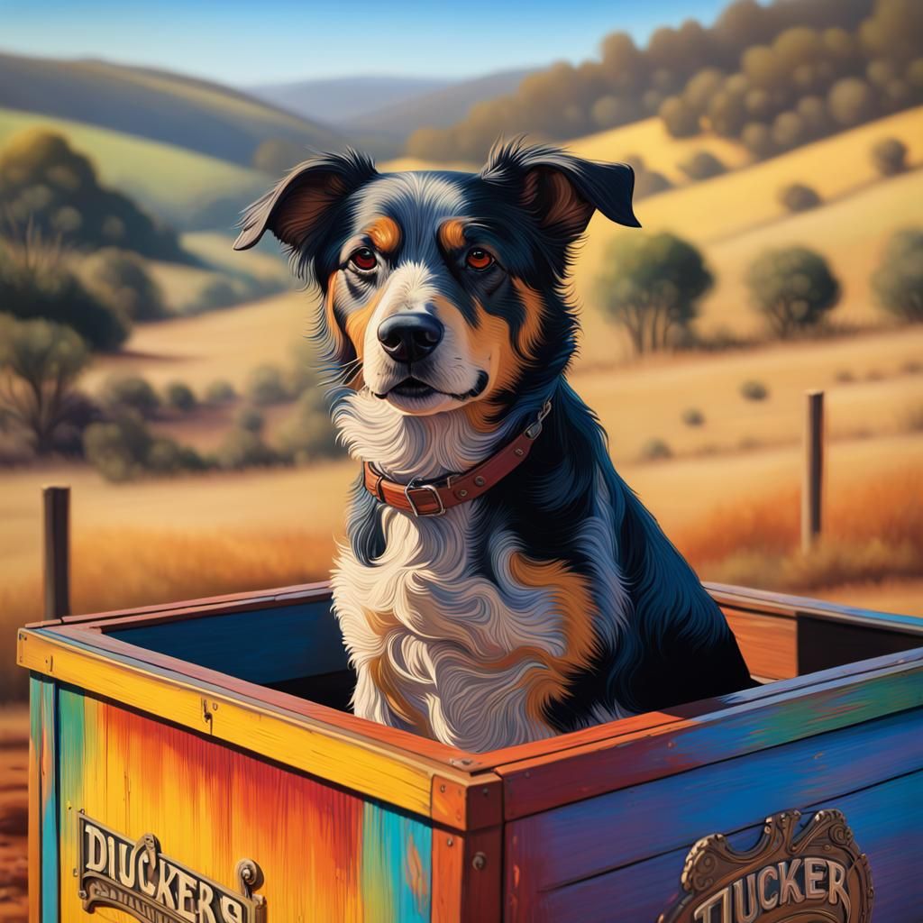 Hyperrealistic Dog on Tucker Box Near Gundagai