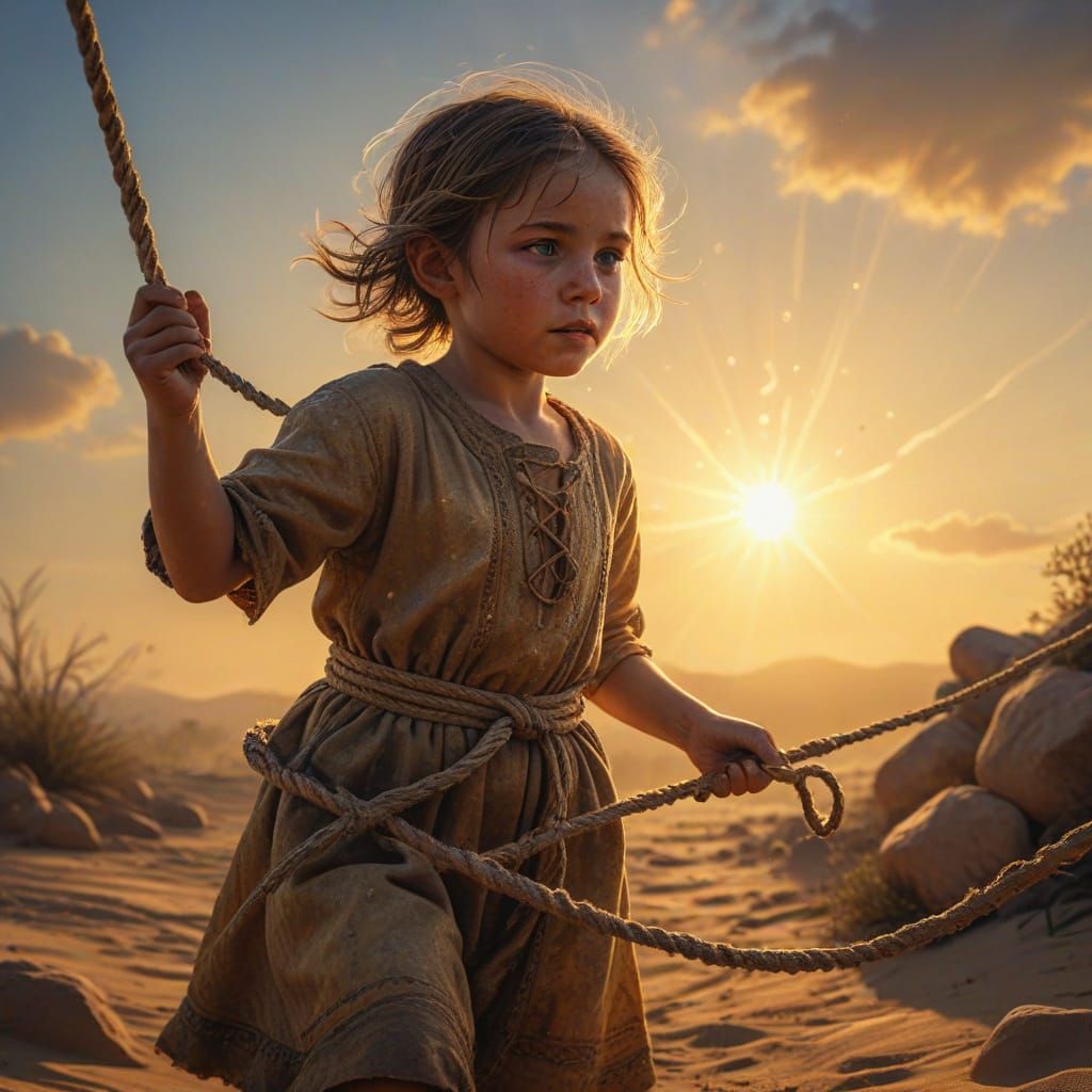 Child Tries to Lasso Setting Sun: Golden Hour Oil Painting