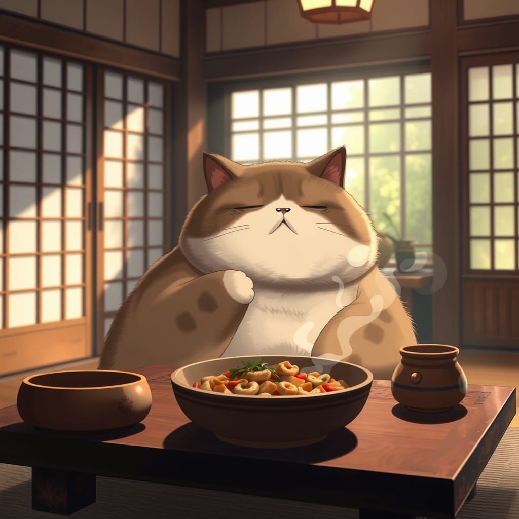 Chubby Cat's Japanese Dinner, Ghibli Anime Style