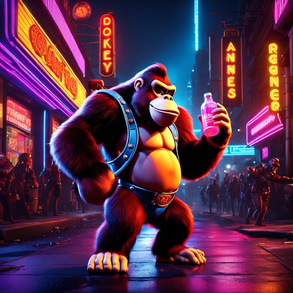 Donkey Kong in Neon Cityscape, Photorealistic 3D Render