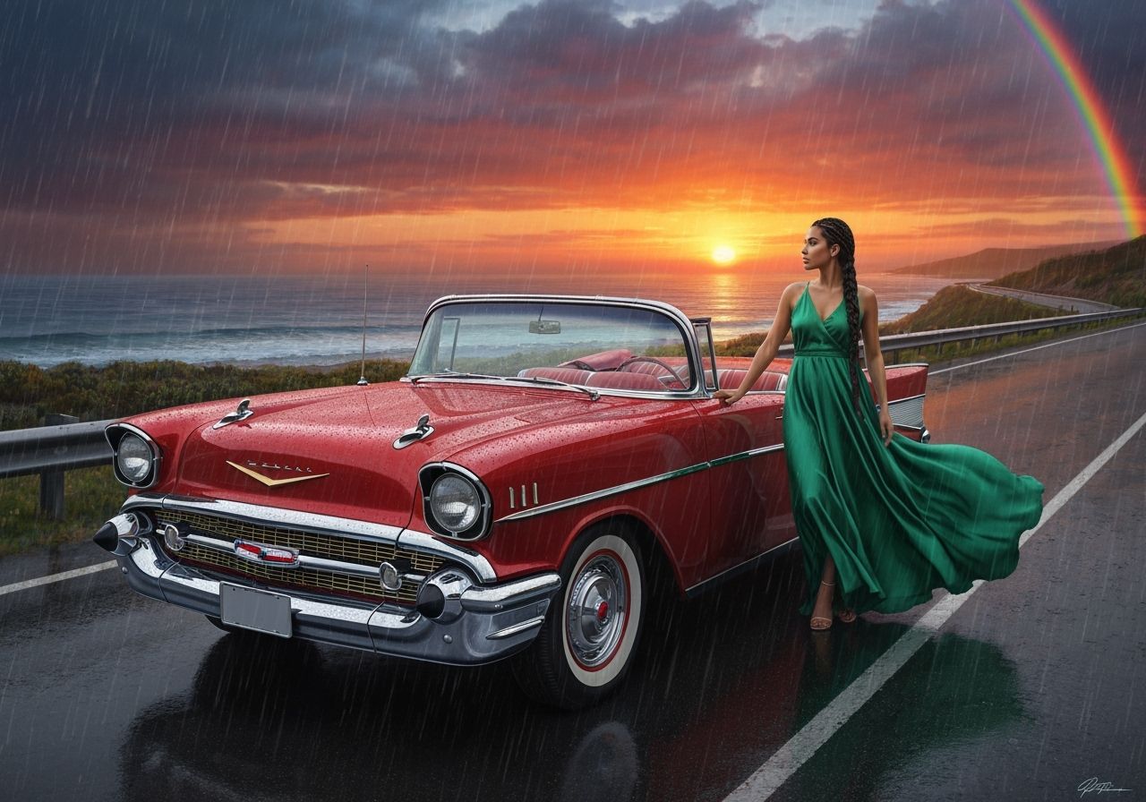 1957 Chevy Bel Air in Summer Rain: Hyperrealistic Painting