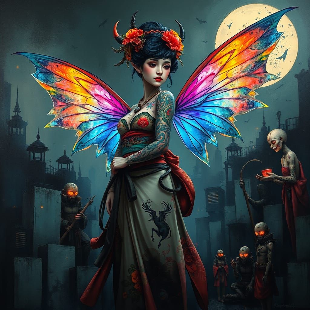Fairy Elf Geisha with Tattoos in Dystopian City