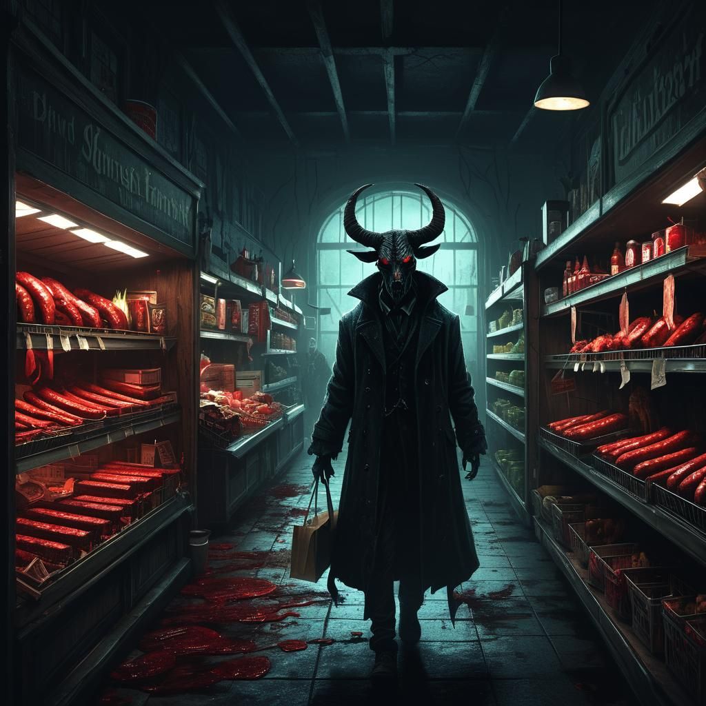 Devils Shopping for Sausage in Dark Fantasy Supermarket