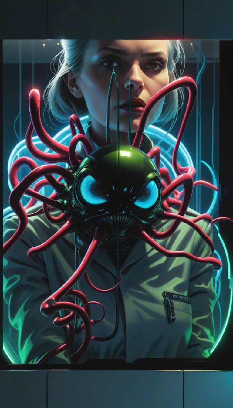 Woman in Tech Lab With Alien Species, Biomechanical Art