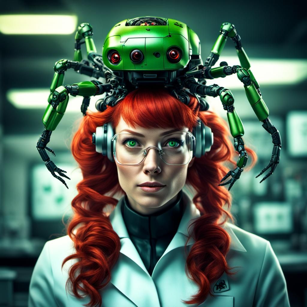 Cute Scientist with Robotic Spider, Hyperrealistic Image