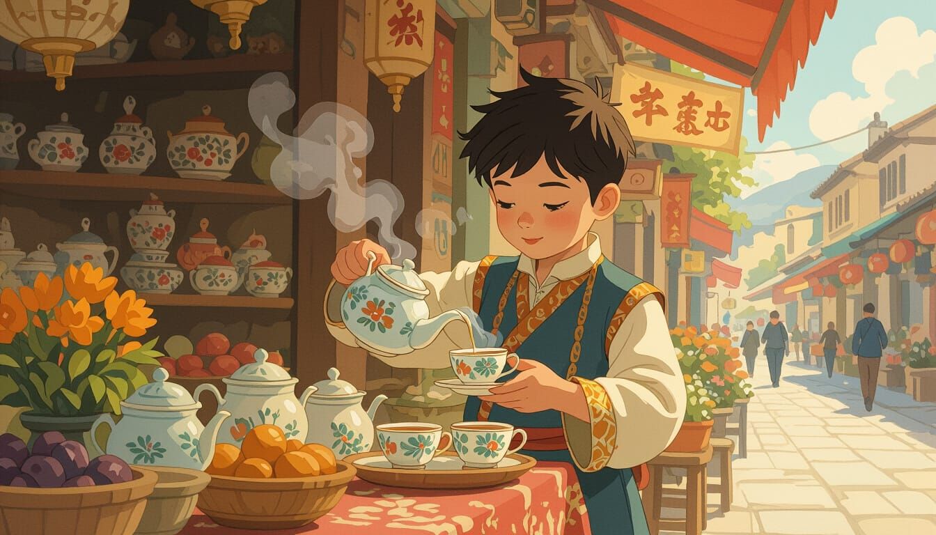 Boy Pouring Tea in Whimsical Illustration Style
