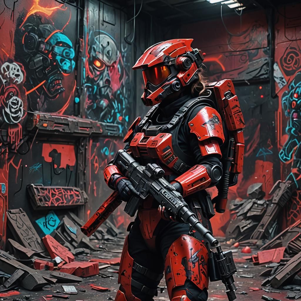 Female Space Pirate in Power Armor, Cinematic Close-Up