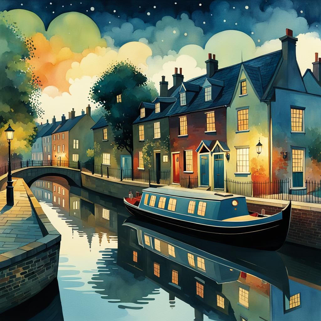 Whimsical Watercolour Riverboat Scene